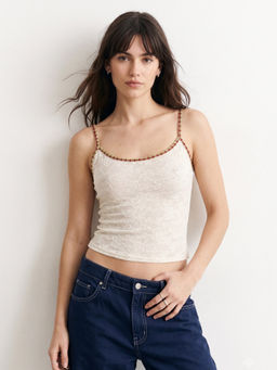 Outzidr - Cream Spaghetti Strap Lace Edge Tank Top