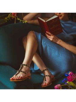 Saint G - Saintg Womens Black Stone Embellished Platin Leather Sandals