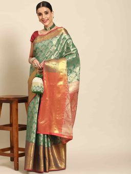 Silk Land - Womens Brocade Soft Silk Teal Zari Woven Saree with Unstitched Blouse