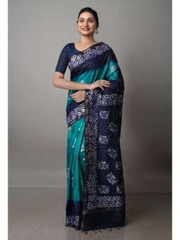 Unnati Silks - Green & Navy Blue Pure Batik Chanderi Silk Saree with Unstitched Blouse