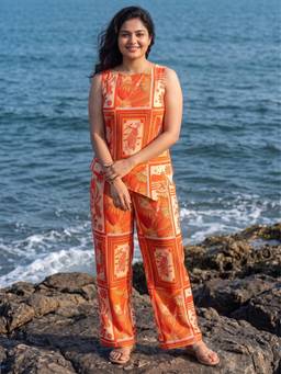 AOBA - Orange Sunset Scenic Print Boat Neck Co-Ord Set