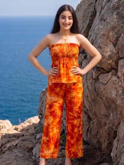 AOBA - Orange Amber Tie-Dye Smocked Peplum Co-Ord Set