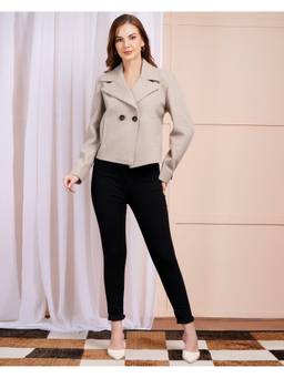 MYMASHA - Women Beige Double-Breasted Cropped Jacket