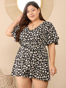 Berrylush - Women's Black Polyester Floral Playsuit with Belt