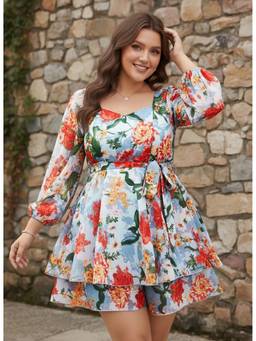 Berrylush - Women's Blue Polyester Floral Playsuit with Belt