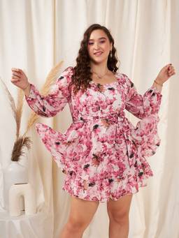 Berrylush - Women's Pink Polyester Floral Playsuit with Belt