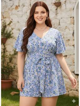 Berrylush - Women's Blue Polyester Floral Playsuit