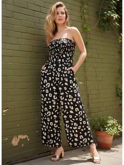 Berrylush - Women's Black Polyester Animal Print Jumpsuit