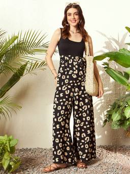 Berrylush - Women's Black Polyester Animal Print Jumpsuit with Belt