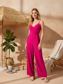 Berrylush - Women's Pink Polyester Solid Jumpsuit