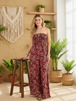 Berrylush - Women's Maroon Polyester Floral Jumpsuit