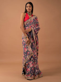 SAREE.COM - Blue Silk Floral Printed Saree Gota Sequins with Unstitched Blouse