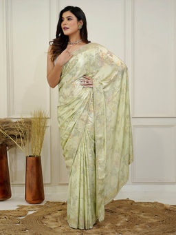 SAREE.COM - Light Green Floral Motifs In Satin Organza and Cut Dana Work Saree with Unstitched Blouse
