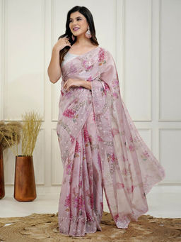 SAREE.COM - Pink Diamond and Pearl Work Saree Organza with Floral Motifs with Unstitched Blouse