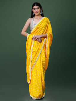 SAREE.COM - Yellow Bandhej Print Saree In Satin and Lace with Unstitched Blouse