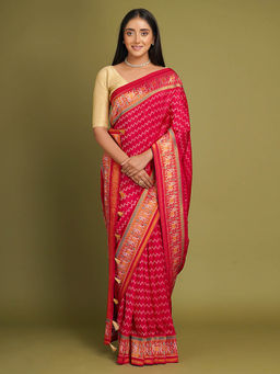 SAREE.COM - Rani Pink Chevron Design Saree In Art Silk and Woven Patola Border with Unstitched Blouse