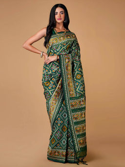 SAREE.COM - Green Traditional Patola Woven Saree In Silk with Unstitched Blouse