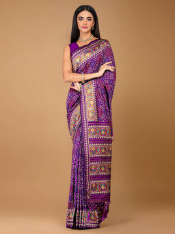 SAREE.COM - Violet Purple Traditional Patola Woven Saree In Silk with Unstitched Blouse