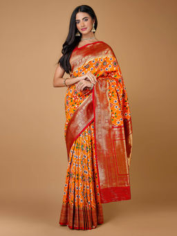 SAREE.COM - Orange Traditional Patola Woven Saree Contrast Border and Pallu with Unstitched Blouse