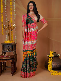 SAREE.COM - Forest Green Embroidered Saree In Silk Contrast Border and Pallu with Unstitched Blouse