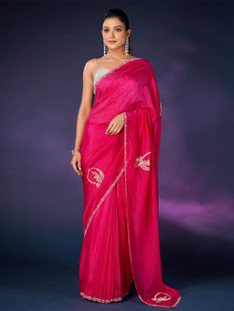 SAREE.COM - Rani Pink Tissue Silk Saree Scallop Cut Dana Border with Unstitched Blouse