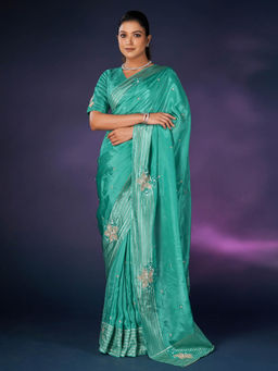 SAREE.COM - Turquoise Tissue Silk Saree and Sequin Border with Unstitched Blouse