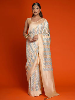 SAREE.COM - Peach and Grey All Over Woven Silk Saree with Unstitched Blouse
