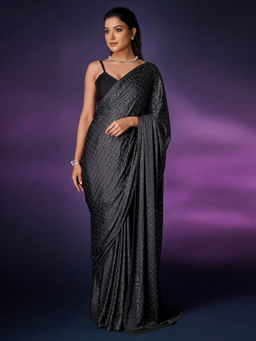 SAREE.COM - Grey Satin Saree Swarovski Stone Work with Unstitched Blouse