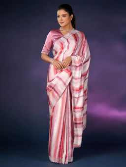 SAREE.COM - Pink Tie & Dye Satin Saree Swarovski Stone Border with Unstitched Blouse