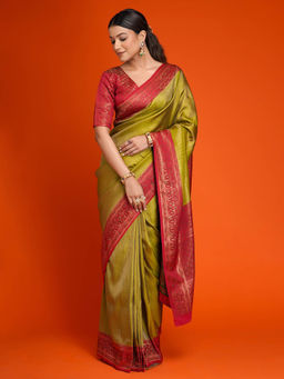 SAREE.COM - Olive Green Art Silk All Over Woven Saree with Unstitched Blouse