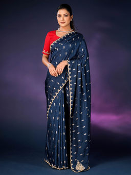 SAREE.COM - Navy Blue Embroidery and Sequins Work Saree In Art Silk with Unstitched Blouse