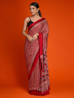 SAREE.COM - Maroon Art Silk Kalamkari Printed Saree Paisley Motifs with Unstitched Blouse
