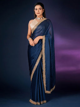 SAREE.COM - Navy Blue Chiffon Silk Cut Dana Worked Saree with Unstitched Blouse