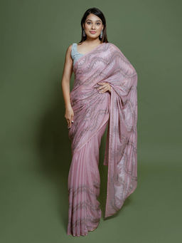 SAREE.COM - Dusty Pink Chiffon Swarovski Worked Saree with Unstitched Blouse
