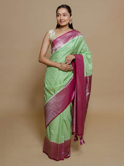 SAREE.COM - Pista Green Art Silk Woven Saree with Unstitched Blouse