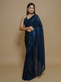 SAREE.COM - Navy Blue Georgette Sequinned Worked Saree with Unstitched Blouse