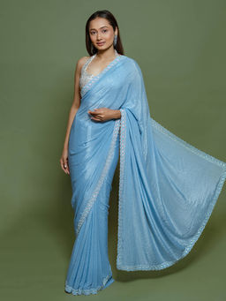 SAREE.COM - Light Blue Chiffon Saree Beaded and Diamond Work Border with Unstitched Blouse