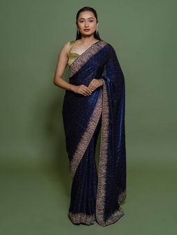 SAREE.COM - Navy Blue Organza Shimmer Swarovski Worked Saree with Unstitched Blouse