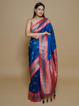 SAREE.COM - Blue Art Silk Motifs Saree and Contrast Border and Pallu with Unstitched Blouse