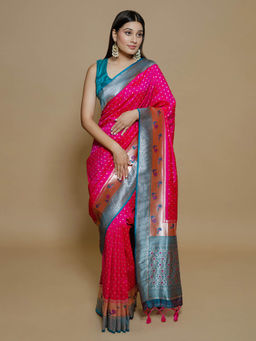 SAREE.COM - Rani Pink Art Silk Pathani Woven Saree with Unstitched Blouse