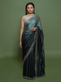 SAREE.COM - Green Ombre Chiffon Diamond Worked Saree with Unstitched Blouse
