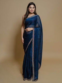 SAREE.COM - Navy Blue Shimmer Organza Swarovski and Diamond Work Saree with Unstitched Blouse