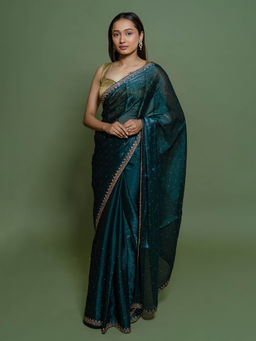 SAREE.COM - Teal Green Shimmer Organza Swarovski and Diamond Worked Saree with Unstitched Blouse