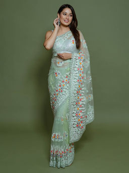 SAREE.COM - Mint Green Net Thread Embroidered and Swarovski Worked Saree with Unstitched Blouse