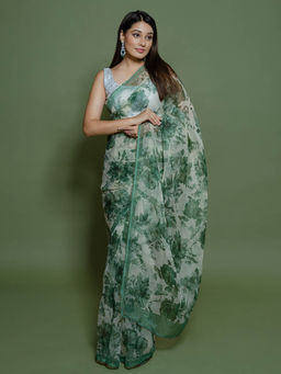 SAREE.COM - Green Nylon Organza Floral Printed Saree with Unstitched Blouse