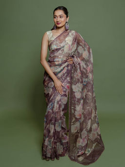 SAREE.COM - Mauve Nylon Organza Floral Printed Saree with Unstitched Blouse
