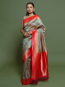 SAREE.COM - Sage Green Art Silk Woven Saree and Contrast Border and Pallu with Unstitched Blouse
