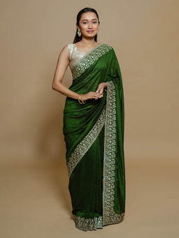 SAREE.COM - Dark Green Georgette Zari Embroidered and Swarovski Work Saree with Unstitched Blouse