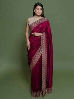 SAREE.COM - Wine Chiffon Georgette Swarovski and Paisley Embroidery Work Saree with Unstitched Blouse