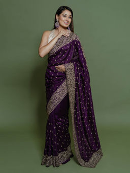 SAREE.COM - Purple Chiffon Georgette Embroidered Saree Swarovski Work with Unstitched Blouse